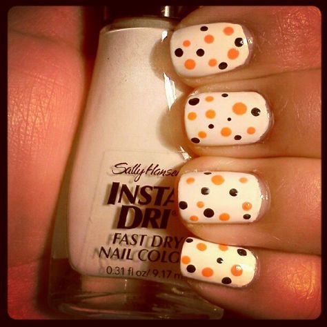 Polka dot nails :) #halloweennails #halloween #nails #nailpolish #sallyhansen #orange #white #black #acrylicpaint by technopathetic, via Fli... Nails Polka Dots, Halloween Nails Short, Dry Nails Fast, Dot Nails, Nails Nailpolish, Fall Beauty, Polka Dot Nails, Orange Dots, Dots Nails