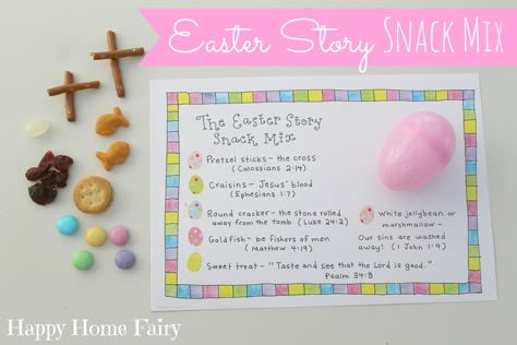 Happy Baby’s class was having an Easter egg hunt last week and I really wanted to put an extra special spin on the eggs I was supposed to send in for his classmates. I love that each item in this Easter Story Snack Mix represents an important part of the story of Christ and the life of the … Easter Story Snack, Easter Snack Mix, Easter Snack, Christ Centered Easter, Easter Sunday School, Happy Home Fairy, Somebunny Loves You, Easter Snacks, Resurrection Day