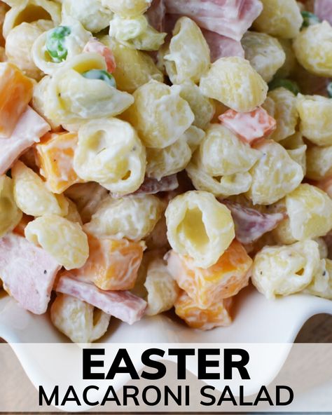 This easy pasta salad recipe is filled with peas, ham, cheese. Perfect for your Easter Dinner! #EasterSideDish #Easter #macaronisalad Easter Macaroni Salad, Pasta Salad For Easter, Easter Pasta Salad Recipes, Easter Side Salads, Easter Sides With Ham, Macaroni Salad With Peas, Easter Pasta Salad, Easter Food Ideas Dinner, Pasta Salad With Ham