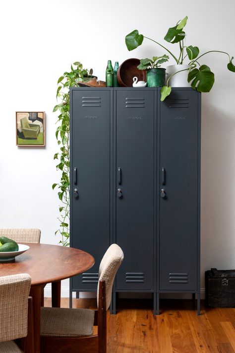 Slate is the cool kid around here 😎⁠ It's the perfect neutral that goes with anything and adds a relaxed, industrial vibe to your space. Slate is stylish, confident and sophisticated.⁠ ⁠ Our latest blog shows some of our favourite ways to style a Slate locker in a space. Pop over to the link to check it out 🖤⁠ Moving Into New Home, Grey Interiors, Mustard Made, Door Locker, Support Beam, Metal Storage Cabinets, School Lockers, Gray Interior, Hanging Rail