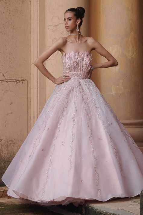 Flared organza corset gown with floral embroidery Organza Fabric Dresses, Organza Corset, Corset Gowns, Organza Gown, Corset Gown, Organza Gowns, Gown For Women, Pink Corset, Embroidered Belt