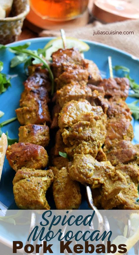 Spiced Moroccan Pork Kebabs, or otherwise known as Pinchos Morunos or Pinchitos for us here in Spain. Made with a selection of rich spices, lemon juice and lots of fresh garlic. Make them this weekend! #moroccanfood #spanishfood #porkrecipes Moroccan Pork, Moroccan Meals, Barbecue Ideas, Moroccan Seasoning, Pork Kebabs, Man Recipes, Pork Skewers, Balsamic Pork, Moroccan Cooking