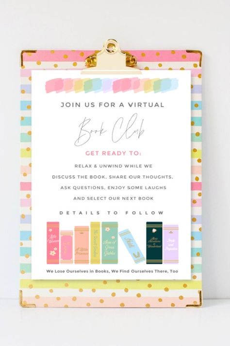 Virtual Book Club Ideas, Book Club Poster, Book Club Ideas Hosting, Club Invitation, Book Club Activities, Book Club List, Book Club Recommendations, Rs Activities, Book Club Questions