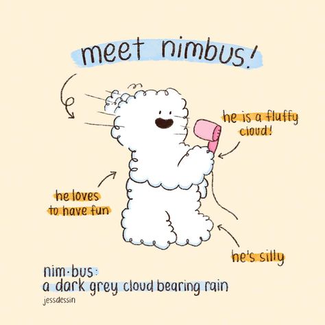 Meet Nimbus!☁️ He is a fluffy, white cloud who loves cuddles. 🥰 But when he gets upset, he turns grey and creates stormy weather! Despite his occasional mood swings, this little cloud is a loyal friend to Mr.Bubbles.💖 #mrbubbles #jessdessin #nimbus #illustration #cuteillustration #cuteart Quirky Doodles, Mr Bubbles, Pink Buddha, Grey Clouds, Loyal Friends, Stormy Weather, White Cloud, Doodle Sketch, Mood Swings