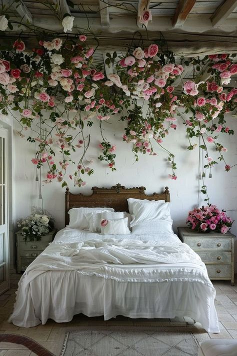 10 Brilliant Bedroom Refresh Ideas to Transform Your Space Overnight- Blushiee Decoration Ideas With Flowers, Floral Bedroom Decor, Bedroom Decoration Ideas, Floral Bedroom, Flower Bedroom, Indoor Flowers, Above Bed, Dreamy Bedrooms, Hanging Flowers