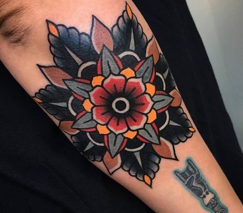 Trad Butterfly, Trad Flower, Trad Tattoos, Electric Tattoo, Pretty Tattoo, Traditional Tattoo Flowers, Elbow Tattoo, Favorite Tattoos, Traditional Flower