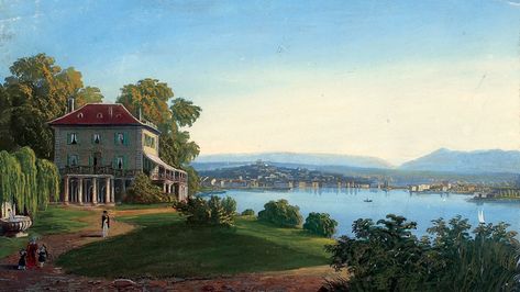 Frankenstein: Freak events that gave birth to a masterpiece. Cologny, view of Geneva from the Villa Diodati by Jean Dubois, late 19c. The house where Mary Shelley wrote Frankenstein, when she joined several other climate refugees left behind the harsh weather in England during the "Year Without A Summer" Villa Diodati, Climate Refugees, Percy Shelley, Modern Prometheus, The Modern Prometheus, Gothic Novel, Lord Byron, Earth Atmosphere, Mary Shelley