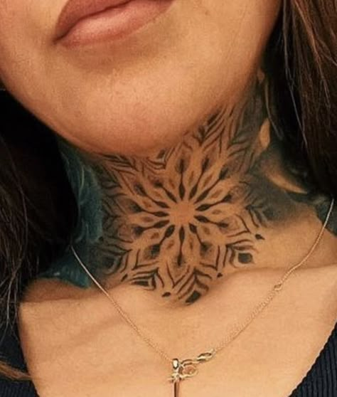 Light Neck Tattoos, Center Neck Tattoos Women, Neck Tattoos Women Mandala, Mandala Throat Tattoo For Women, Throat Mandala Tattoo, Woman Throat Tattoo, Mandala Neck Tattoo For Women, Mandala Throat Tattoo, Neck Throat Tattoos Women