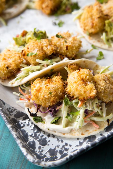 Shrimp Street Tacos, Coconut Shrimp Tacos, Healthy Coconut Shrimp, Baked Coconut Shrimp, Baked Coconut, Coconut Shrimp Recipes, Broccoli Slaw, Soft Tacos, Street Tacos