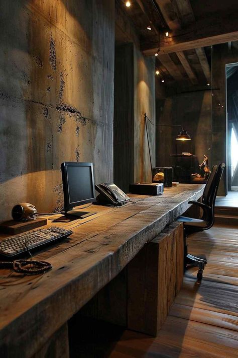 Redefine your home office by incorporating a charming rustic aesthetic and state-of-the-art technology. Create a workspace that seamlessly blends the natural beauty of a long wooden table with the modernity of concrete walls and an exposed beam ceiling. Embrace the cleverness of this unique design, where comfort and functionality coexist harmoniously. #HomeOfficeInspiration #RusticCharm #HighSpeedTech #WorkspaceInnovation Modern Art Studio Design, Concrete Office Interior, Long Desk Along Wall, Ceo Office Design Luxury, Rustic Office Design, Custom Desks, Rustic Industrial Office, Architecture Digest, Home Office Workshop