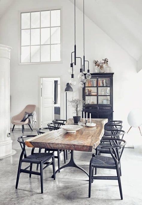 15 Casual Dining Rooms To Style Your Own After Wishbone Chair Dining, Rustic Industrial Decor, Casual Dining Rooms, Dining Room Combo, Concrete Floor, Style Deco, Dining Table Black, Dining Room Inspiration, Farmhouse Dining Room