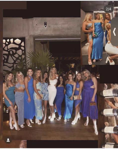 Blue Miami Outfit, Shades Of Blue Bachelorette Party, Blue Dresses Bachelorette, Something Blue Bachelorette Theme Outfits, Something Blue Beach Bachelorette, Puerto Rico Bachelorette Outfits, Blue Bachelorette Aesthetic, Bachelorette Matching Outfits Night Out, Blue Themed Party Outfit