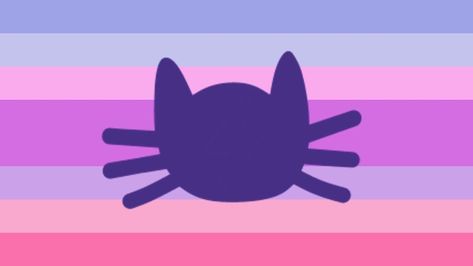 rectangular flag with 6 equally-sized horizontal lines with a thicker line in the middle. colors in this order from top to bottom: blue, light blue, light pink, magenta, light blue-purple, light rosy pink, pink. in the center of the flag is a purple symbol of a cat with 3 noticeable whiskers on both sides. Catnip Gender, Cat Gender, Xenogender Dog, Warrior Cats Xenogenders, Catgender Flag, Thing Xenogender, Xenogender Boything, Lgbt Flag, Gender Flags