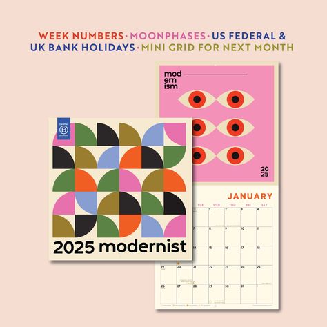 A Bauhaus Inspired Art Calendar, with a fresh and modern colour palette - this large size wall calendar is designed with our North American customers in mind where the week starts on Sunday. It is LP size, approx 12” x 12” Inch size (30cm x 30cm), featuring striking Bauhaus inspired artwork on the top page, this calendar opens to a double height (approx 24" tall) format revealing a spacious grid for appointments, plans, notes, and more. 12 months, starting January to December 2025. With every ne 2025 Calendar Design, Calender 2024 Designs, Monthly Calendar Design, Graphic Design Calendar, Modern Calendar Design, Calendar Design Layout, Calendar Design Inspiration, Large Wall Calendar, Weekly Planner Pad