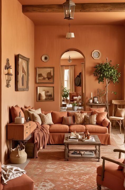 Southwestern Living Room Ideas, Terracotta Interior Design, Terracotta Living Room, Southwestern Living Room, Southwestern Landscape, Pinterest Living Room, Terracotta Floors, Sims Houses, Southwestern Decor