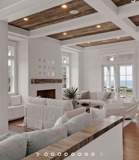 High Ceiling Living Room, White Beams, Coastal Living Rooms, Beach House Interior, Beach House Design, House Interiors, Wood Ceilings, The Ceiling, Beach House Decor