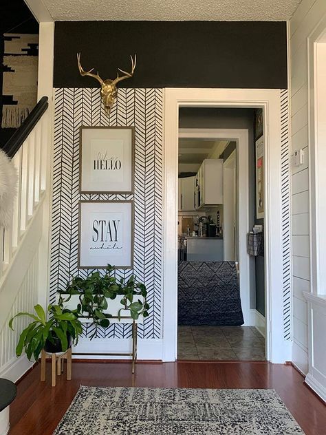 Black And White Wallpaper Entryway, Shelf On Wallpaper Wall, Contact Wallpaper Ideas, Wall Slat Wallpaper, Wallpaper Above Door, Black White Stripe Wallpaper, Wallpaper Bottom Half Of Wall Hallway, Black And White Shiplap Wall, Contact Paper Closet Door