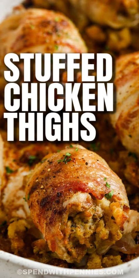 Tasty stuffed chicken thighs are easy to make and tasty—so good! This easy-to-cook entree is sure to become a family favorite, with stuffing, chicken, and bacon. #spendwithpennies #stuffedchickenthighs #entree #recipe #stuffed #wrapped #bacon #bake #long #oven #baked Chicken Thigh Recipes With Stuffing, Chicken Stuffed With Shrimp, Christmas Chicken Thigh Recipes, Stuffed Boneless Skinless Chicken Thigh Recipes, Stuffed Chicken Recipes Stuffing, Chicken Thigh And Stuffing Recipes, Stuffed Chicken Thighs Recipes, Whole Stuffed Chicken Recipes, Stuffed Chicken Legs Recipes