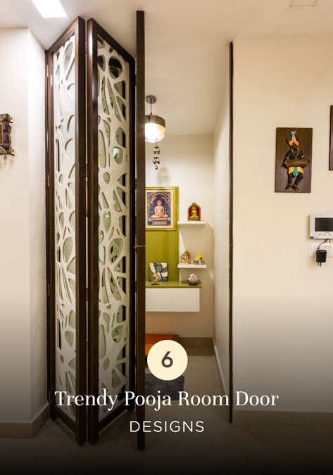 Puja Room Sliding Door Design, Pooja Room Partition In Hall, Pooja Room Sliding Door, Mandir Sliding Door Design, Prayer Room Door, Cnc Partition, Best Door Designs, Room Door Ideas, Pooja Room Door