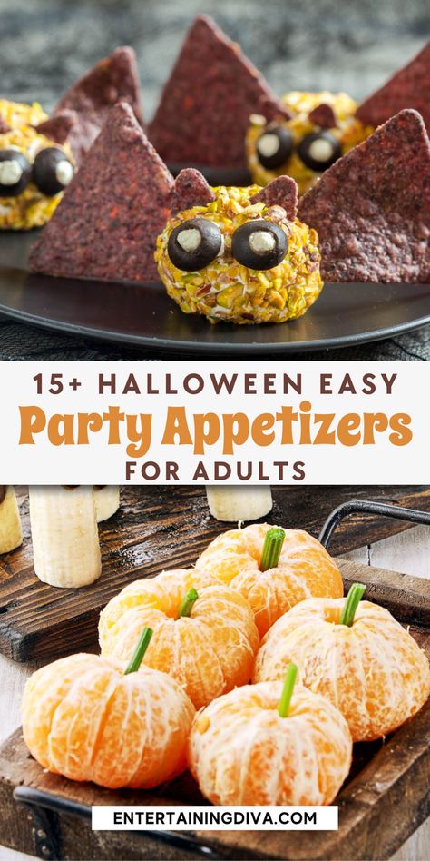 Easy Savory Halloween Party Food, Halloween Horderves Appetizers Parties, Halloween Appetizers For Party Adults Healthy, Halloween Party Small Bites, Halloween Wine Party Food, Halloween Spiders Food, Halloween Party Food Platters, Halloween Antipasto Skewers, Hallow Food Ideas