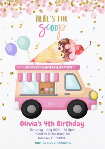 Ice Cream Truck Birthday Party, Truck Birthday Party Invitations, Truck Birthday Invitations, Ice Cream Truck Birthday, Ice Cream Birthday Party Invitations, Ice Cream Pink, Truck Birthday Party, Children Drawing, Ice Cream Birthday Party