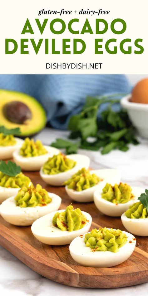 These flavorful avocado deviled eggs are super easy to make, ready in just 20 minutes, and are the perfect appetizer for any gathering or party. Make this deviled egg recipe for Easter, Mother's day, Father's day, or other holidays! Totally gluten-free and dairy-free too! Deviled Eggs With Avocado Recipe, Deviled Eggs With Avocado, Deviled Egg Recipe, Guacamole Deviled Eggs, Avocado Deviled Eggs, Gluten Free Egg Free, Egg Recipe, Deviled Egg, Mashed Avocado