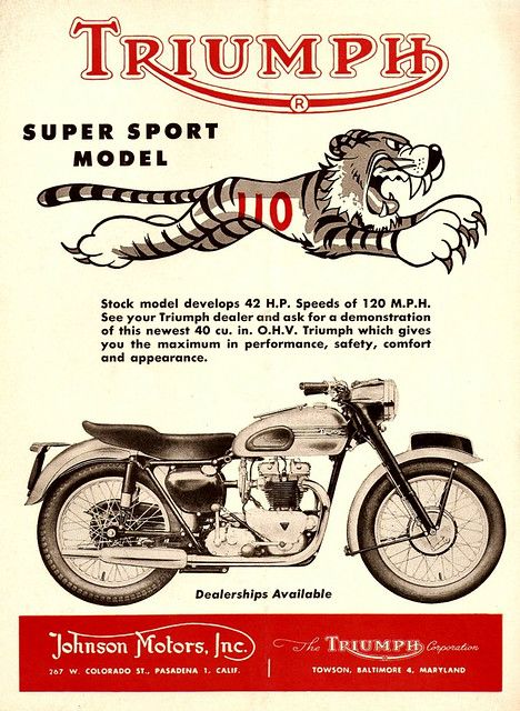 1954 Triumph T110 Tiger | bullittmcqueen | Flickr Motorcycle Advertising, Bike Ads, Triumph 650, Bike Posters, Vintage Motorcycle Art, Triumph Motorbikes, Motorcycle Ads, Moto Triumph, Triumph Cafe Racer