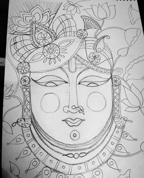 Shreenathji Mandala Art, Shreenathji Sketch, Shrinathji Drawing, Shreenathji Drawing, Shreenathji Painting Sketch, Shreenathji Rangoli Design, Shreenath Ji, Buddhist Art Drawing, Kerala Mural Painting