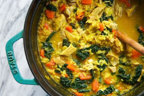 Chicken And Rice Soup With Ginger And Turmeric, Tumeric Rice, Nourishing Recipes, Chicken Rice Soup, Ginger Chicken, Cooking Club, Ginger Turmeric, Green Lentils, Boneless Skinless Chicken Thighs