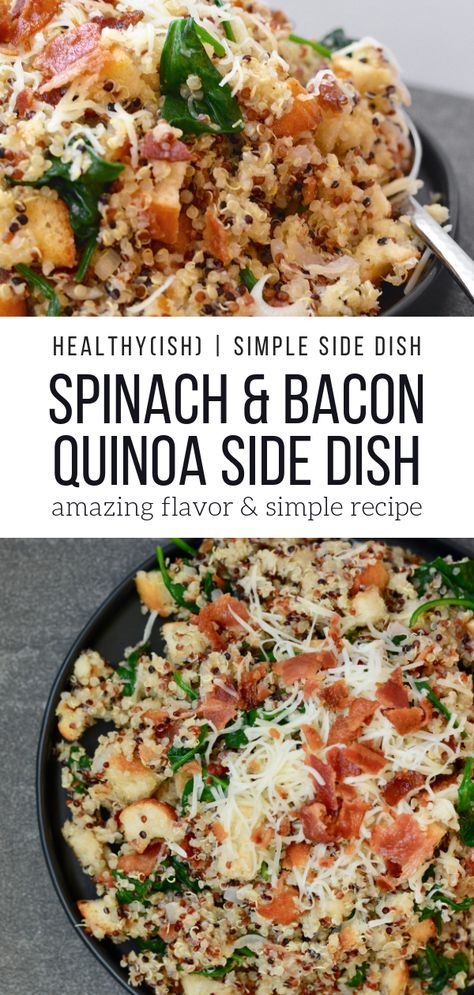 Healthy and simple spinach and bacon quinoa side dish. Easy and seriously great. Goes well with chicken or pork. #quinoa #healthyish #sidedish Bacon Quinoa, Quinoa Side, Light Sides, Side Dish Easy, Quinoa Side Dish, Spinach And Bacon, Light Side Dishes, Recipe Notebook, Easter Side Dishes