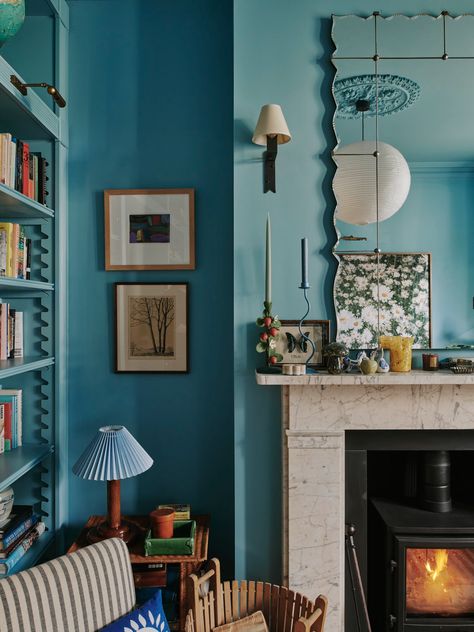 Lucy William/ Flower Michelin- House & Garden — Christopher Horwood Photography Blue Living Room Victorian, Maximalist Blue Living Room, Eclectic Victorian Living Room, Fireplace Maximalist, Blue Maximalist Living Room, Blue Victorian Living Room, Blue Maximalist Bedroom, Blue Eclectic Living Room, Blue And Green Interior Design