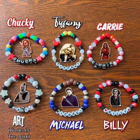 Art The Clown Bracelet, Rod Wave Bracelets, Sally Face Kandi Bracelet, Horror Movie Bracelets, Horror Bracelet Ideas, Horror Kandi, Horror Bracelet, Scream Bracelet, Funny Kandi Bracelets