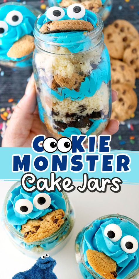 Simple Fun Desserts, Easy Food Recipes For Parties, Cakes In Jars Recipes, Good Desserts For Birthday, No Bake Cookie Monster Cheesecake, Blue Food Recipes Simple, Cool Baking Recipes Desserts, Cookie Monster Jar, Cookie Dessert Ideas