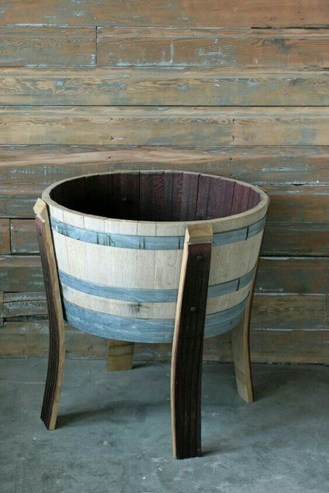 Wine barrel planter Wine Barrel Ideas, Whiskey Barrel Decor, Wine Barrel Art, Wine Barrel Decor, Wine Barrel Crafts, Wine Barrel Planter, Barrels Diy, Wine Barrel Table, Reclaimed Art