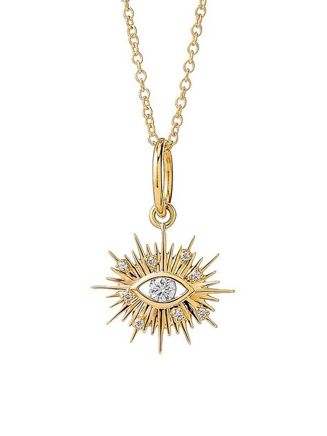 From the Mogul Chakra Collection. Diamonds add glittery shine to this evil eye pendant, designed with a bold, radiant shape. Diamonds, 0.10 tcw Diamond color, I Diamond clarity, SI2 18K yellow gold Imported SIZE Diameter, about 0.5" Please note, chain is sold separately. Fine Jewelry - Designer Jewelry C > Syna > Saks Fifth Avenue > Barneys. Syna. | Syna Mogul Chakra 18K Gold & Diamond Evil Eye Pendant Moon Jewellery, Fine Gold Necklace, Diamond Evil Eye, Star Moon, Eye Pendant, Moon Jewelry, Evil Eye Pendant, Fine Jewelry Designers, Jewelry Designer