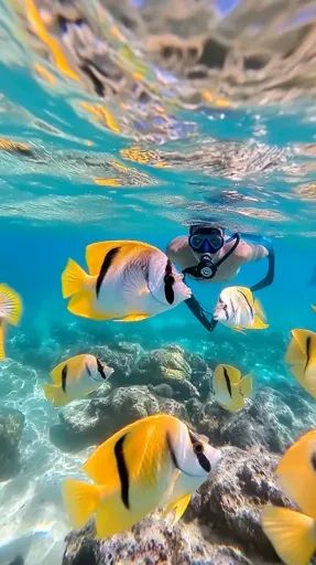 ↑↑↑ Larger size on website 🔸 A scuba diver wearing a mask and snorkel observes a school of brightly colored yellow and black fish Humans And Nature, Black Fish, Ocean Underwater, Clear Blue Water, Fish Swimming, Scuba Diver, The Marine, Underwater World, Image Generator