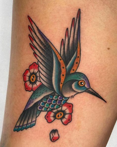 Hummingbird For Irene Humming Bird American Traditional Tattoo, Humming Bird Traditional Tattoos, American Traditional Birds, Traditional Hummingbird Tattoo Black, American Traditional Hummingbird, Old School Bird Tattoo, Hummingbird Tattoo Traditional, American Traditional Hummingbird Tattoo, Bird Tattoo Color