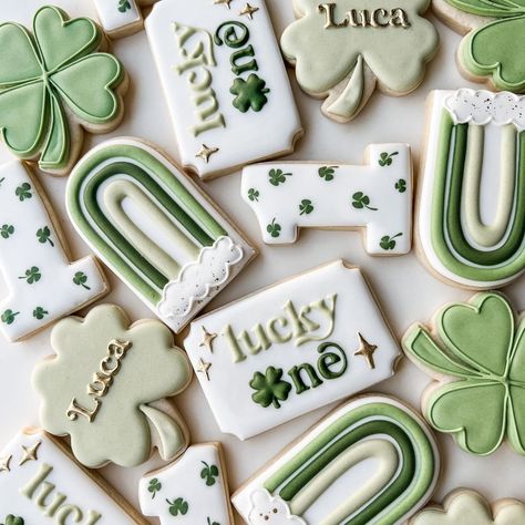 Emily Karns on Instagram: “lucky one 🍀 #cookies #decoratedcookies #stpatricksdaycookies #luckyone #birthdaycookies #troyohio #daytonohio #yum” St Patrick 1st Birthday, First Birthday March, First Birthday St Patricks Day, Lucky One Birthday Theme, One Lucky Dude First Birthday, St Patrick’s First Birthday, Lucky First Birthday, Lucky One Birthday Cookies, Lucky Themed Party