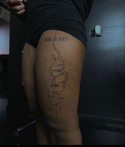 One Line Tattoo Black Woman Face, Beginner Tattoos Ideas Black Women, Black Women Calf Tattoos, Easy Thigh Tattoos For Women, Side Thigh Tattoos Women Black, Leg Tattoo Black Women, Simple Leg Tattoos Women, Side Calf Tattoos For Women, She Is Art Tattoo