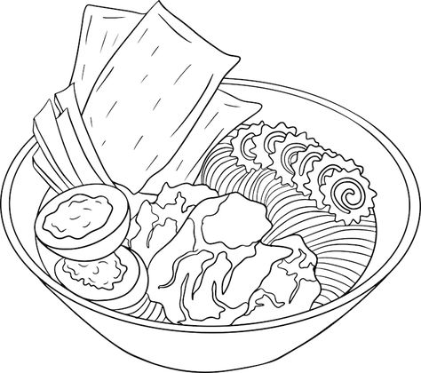 Anime Food Coloring Pages, Ramen Coloring Page, Coloring Food Pages, Food Outline Drawing, Ramen Bowl Drawing, Food Coloring Pages Free Printable, Ramen Drawing, Food Art Drawing, Coloring Pages Food