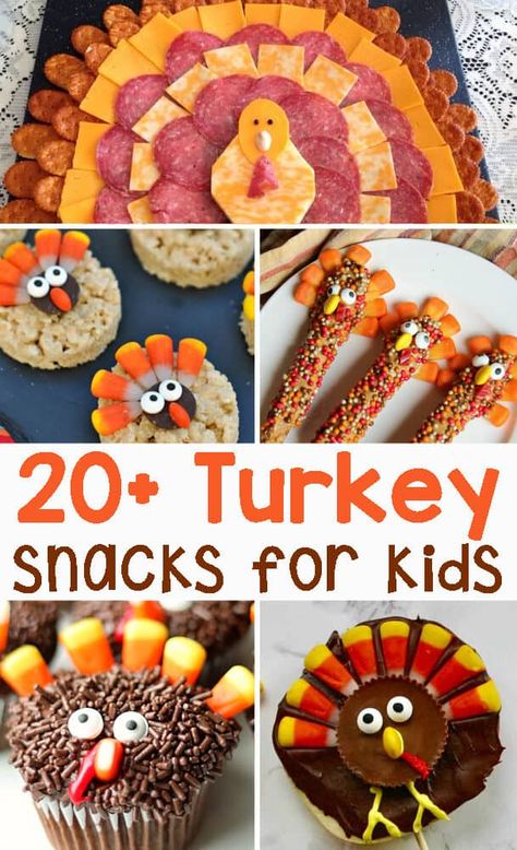 Turkey snacks that kids will love to help make as well as eat. These thanksgiving treats are easy to make, festive and fun! These easy snacks are perfect for home, neighbors or even classroom treats! #thanksgivingtreats #turkeysnacks #turkeytreats #recipesforkids Thanksgiving Cute Snacks, Snacks For Thanksgiving Party, Fun Classroom Snacks, Preschool Thanksgiving Snack Ideas, November Preschool Snacks, Thanksgiving Hershey Kiss Turkey, Fun Turkey Snacks, Thanksgiving Edible Table Favors, Preschool Thanksgiving Treats