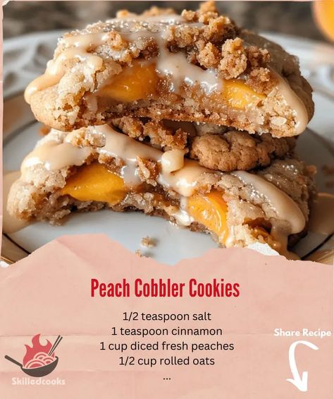 Peach Cobbler Cookies Peach Cobbler Cookies, Cobbler Cookies, Best Peach Cobbler, Cream Cheese Sausage Balls, Peach Cookies, Bite Size Cookies, Peach Desserts, Peach Cobbler Recipe, Canned Peaches