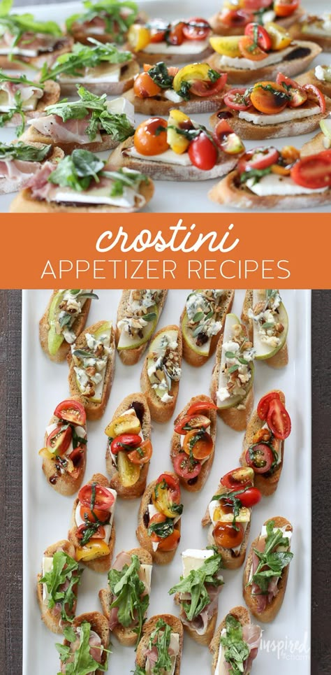 Types Of Bruschetta, Little Bread Appetizers, Bruschetta Crostini Appetizers, Crostini Board Ideas, Crostini Toppings Ideas, Crustini Appetizers Spring, Crostini Dip Recipes, Crostini Sandwiches, Bruschetta Variations