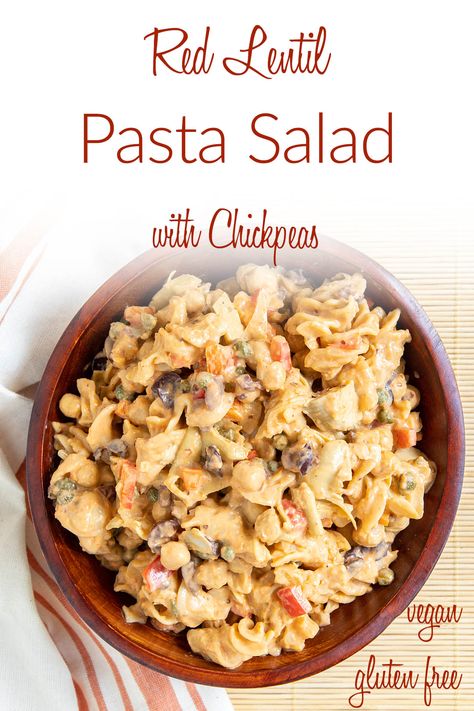 This Red Lentil Pasta Salad with Chickpeas is made with mostly pantry staples in 20 minutes. It can be served at room temperature for a party! Lentil Pasta Salad, Pasta Salad With Chickpeas, Vegan Pasta Recipes Homemade, Pasta Salad Vegan, Roasted Red Peppers Recipes, Artichoke Pasta Salad, Red Lentil Pasta, Buckwheat Pasta, Veggie Noodles Recipes