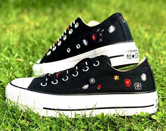 Embroidered Black Converse, Black Converse Chuck Taylor, All Star Platform, Black Chuck Taylors, Black Chucks, Embroidered Converse, Wedding Converse, Denim Embroidery, Converse Low Tops