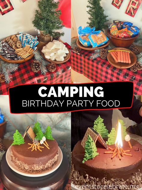 Campfire Party Food, Camping Theme Birthday Party Decorations, Camping Party Food Ideas, Lumberjack Party Food, Camping Birthday Party Food, Camping Themed Party Food, Camping Party Food, Camping Birthday Party Decorations, Camping Table Decorations