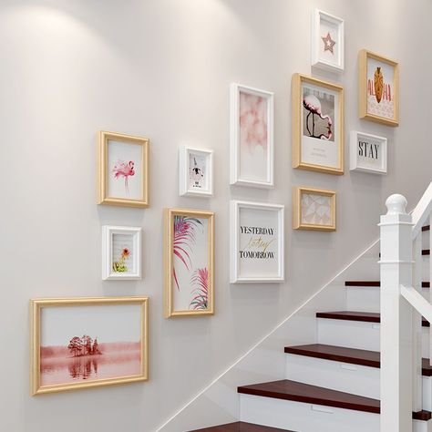 Nordic Picture Frame 12pcs Set Solid Wood Staircase Photo Frame Set Wall Hanging Frames Ideas, Hallway Photo Gallery, Wall Picture Collage Ideas, Downtown Bedroom, Photo Wall Collage Ideas, Wall Hanging Photo Frames, Gallery Wall Staircase, Relax Quotes, Staircase Wall Decor