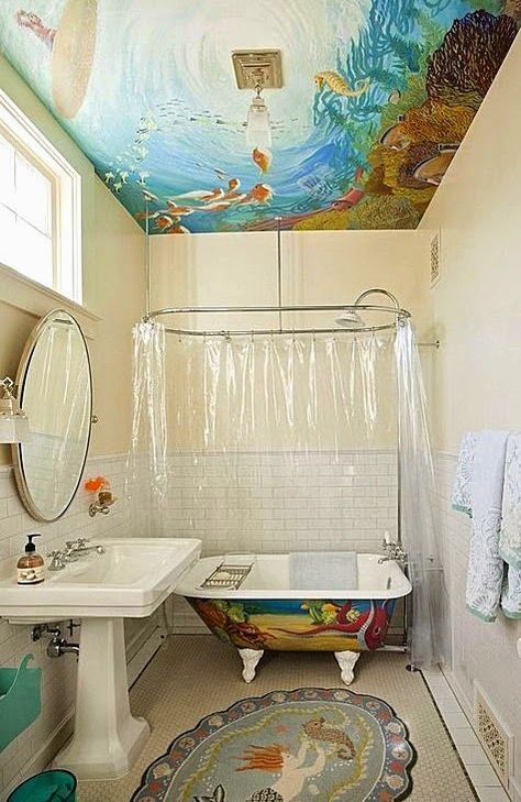 Amazing under the sea mural on the ceiling in a bathroom: http://www.completely-coastal.com/2014/10/under-the-sea-rooms.html Sea Theme Bathroom, Sea Themed Bathroom, Victorian Pool, Under The Sea Bathroom, Little Mermaid Bathroom, Sea Murals, Sea Bathroom, Ocean Bathroom, Mermaid Bathroom Decor