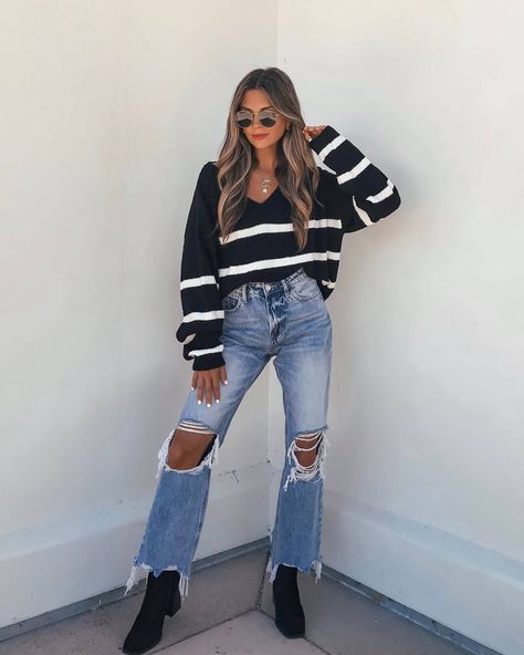 Black and White Striped V Neck Sweater - Magnolia Boutique Black Striped Sweater Outfit, Striped Sweater Outfit, Sorority Rush Outfits, Black Striped Sweater, All White Sneakers, Rush Outfits, Chevron Blouse, Gameday Dress, Contrast Hoodie