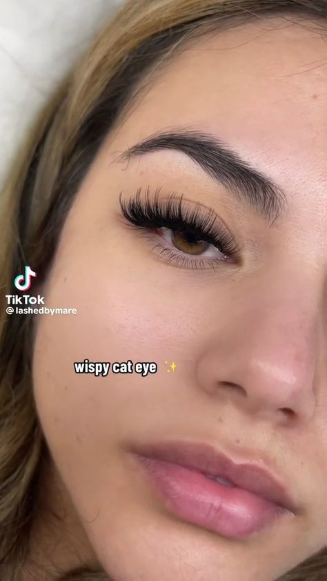 WISPY CAT EYE EYELASH SET Wispy Vs Cat Eye Lashes, Full Wispy Cat Eye Lash Extensions, Wispy Cat Eyelash Extensions, Lash Set Styles, Angle Lash Extensions, Wispy Full Lash Extensions, Full Volume Wispy Lashes, Full Wispy Hybrid Eyelash Extensions, Lifted Lash Extensions